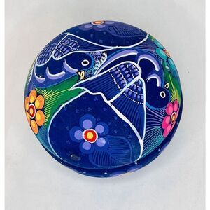 Mexican Trinket Box Vibrant Blue Round Bird Flowers